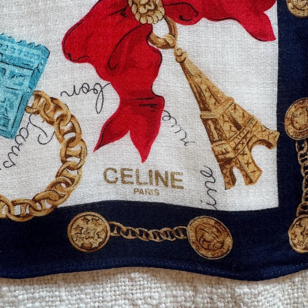 Vintage‎ Celine Paris Holiday Cotton Blend Scarf Eiffel Tower Bow Print - Picture 2 of 6